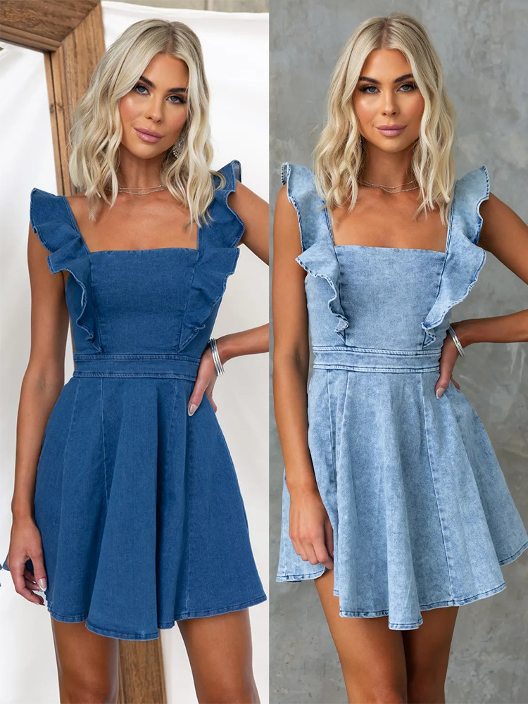 Ruffle Strap Mini Denim Dress