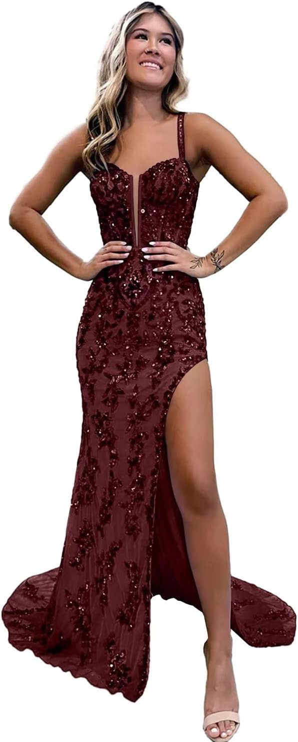 Sweep Train Deep V Neck Sleeveless Front Slit Prom Dress