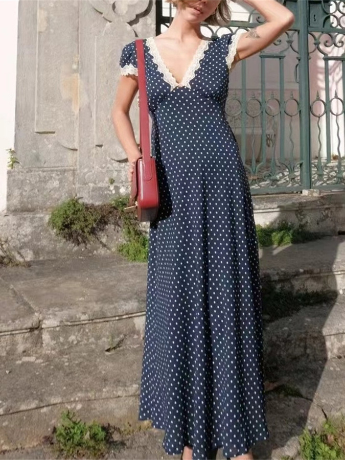 The Navy V Neck Polka Dot Lace Ruched Maxi Dress