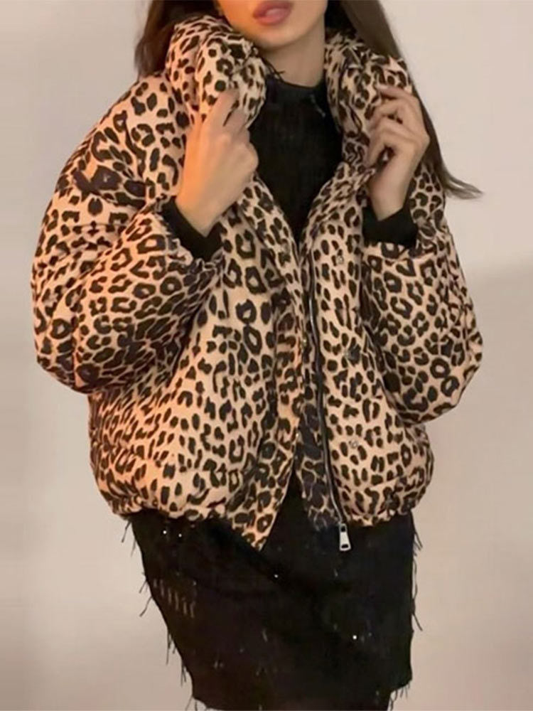 Leopard Print Puffer Zipper Jacket