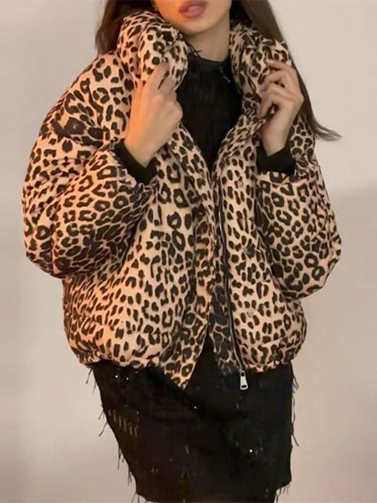 Leopard Print Puffer Zipper Jacket