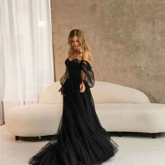 Black Corset Princess Long Sleeves Wedding Dresses With Off-The-Shoulder