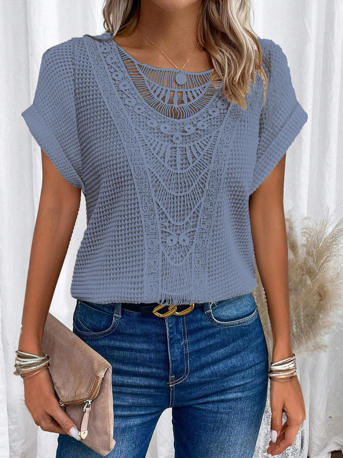 Lace Short Sleeves Crew Neck Top