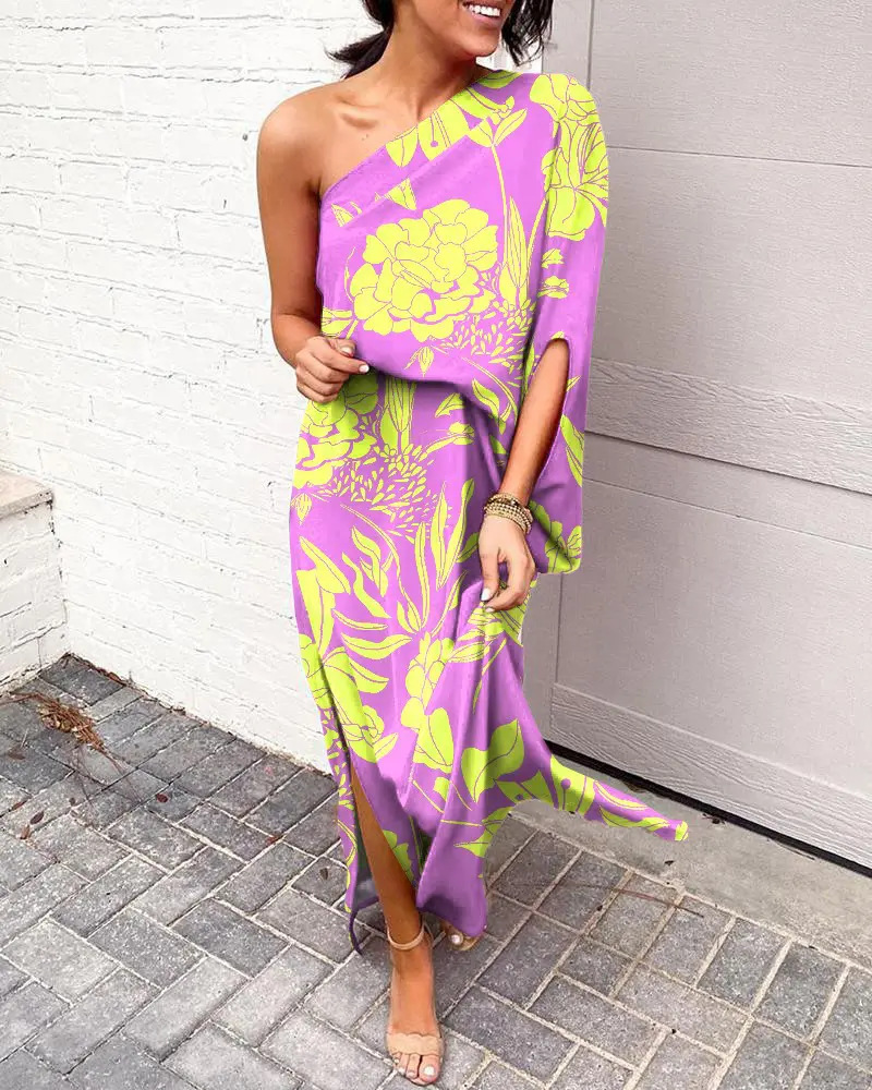 Floral Printed One Shoulder Split Hem Maxi Dress