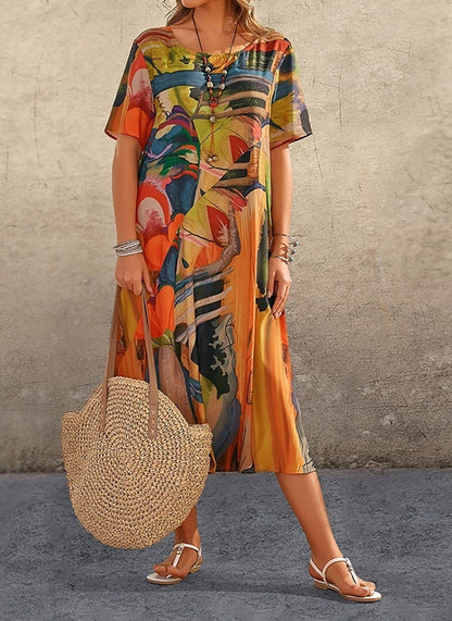 Women's Chiffon Abstract Print V Neck Flutter Sleeve Midi Dress