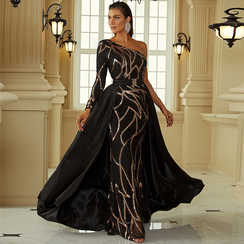 One Shoulder Cloak Sequin Prom Dress