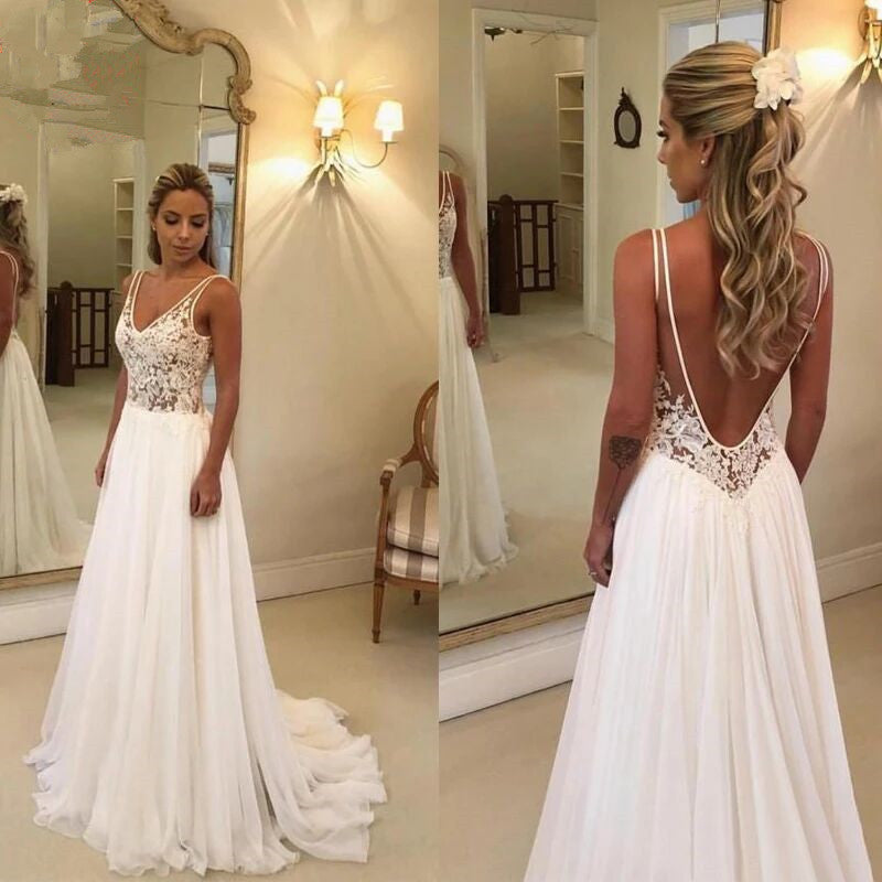 White Deep V-Neck Lace Embroidered Wedding Dress