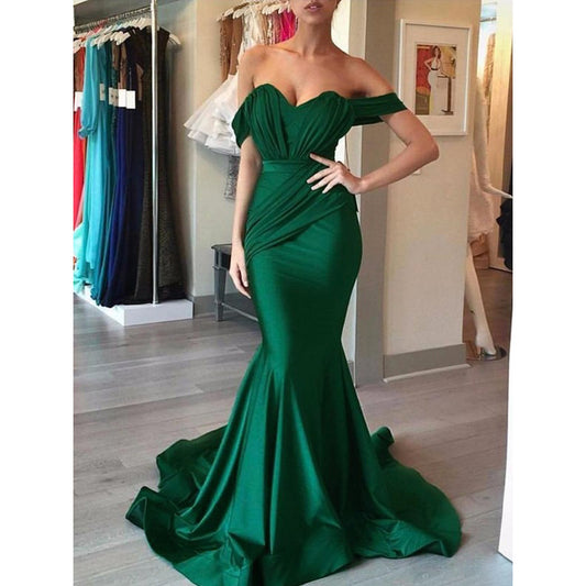 Off-the-Shoulder Sleeveless Mermaid Brush Train Prom Dress