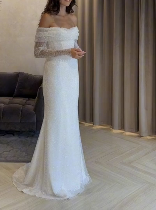 Sequined Off-The-Shoulder Long Sleeves Wedding Dress