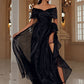 Black Off Shoulder Mesh Prom Dress