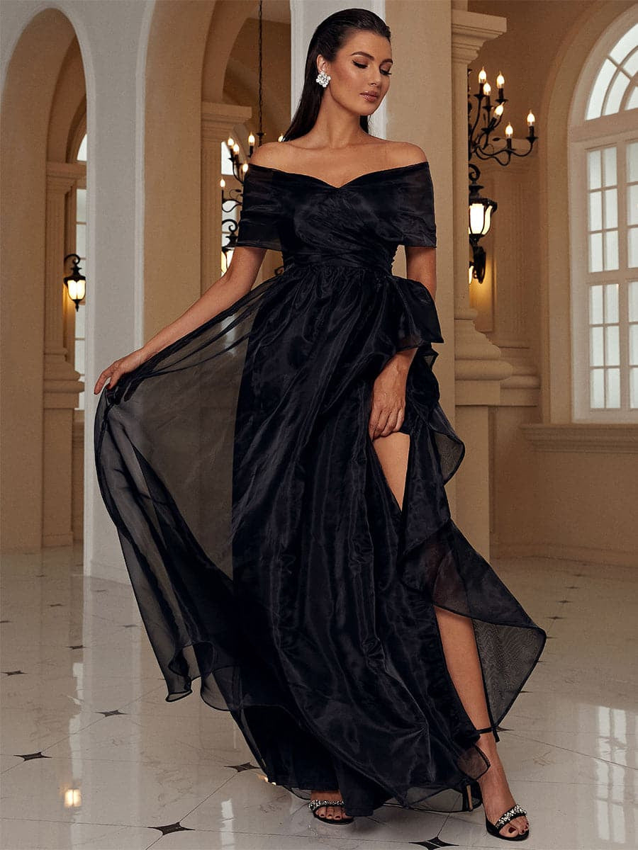 Black Off Shoulder Mesh Prom Dress