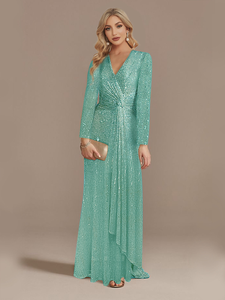 Long Sleeve V Neck Sequined Evening Dress