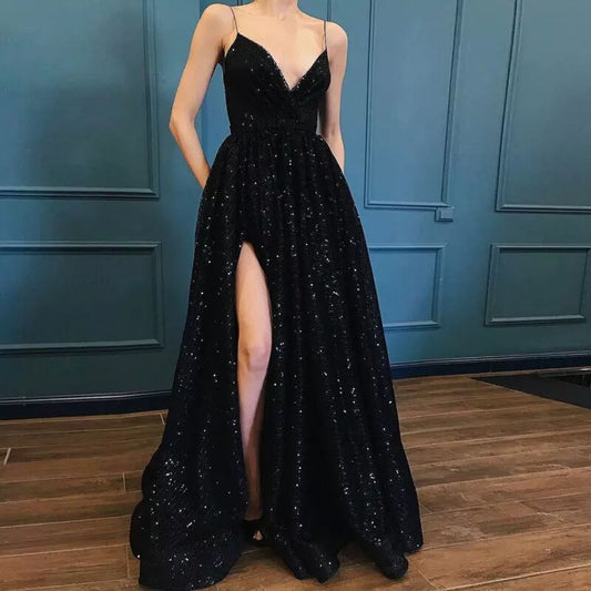 Black V-Neck Sequined Split Prom Dress