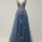 Deep V-neck Tulle Applique Sleeveless Brush Train Prom Dress
