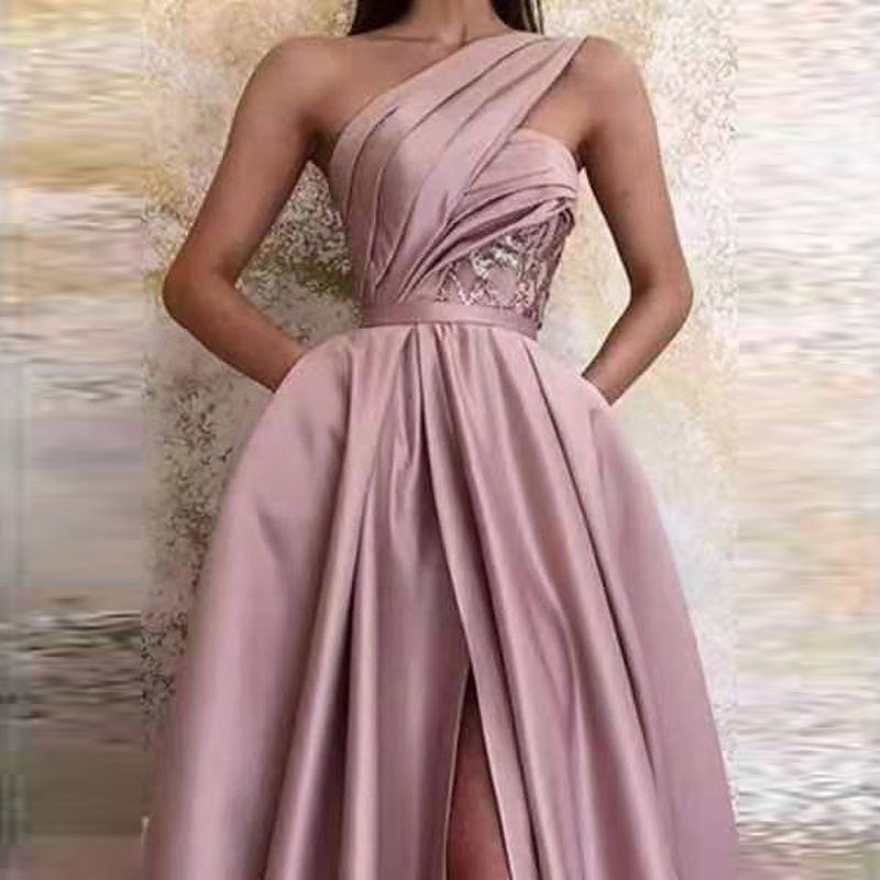 Rosy Brown Satin One Shoulder Split Prom Dress