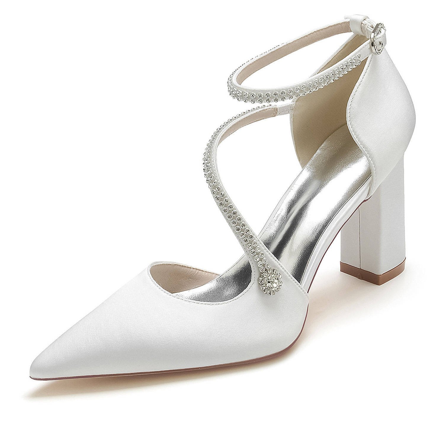 Simple Satin Block Heel Point Toe Wedding Heels