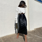 Black Faux Leather Ruched Long Skirt