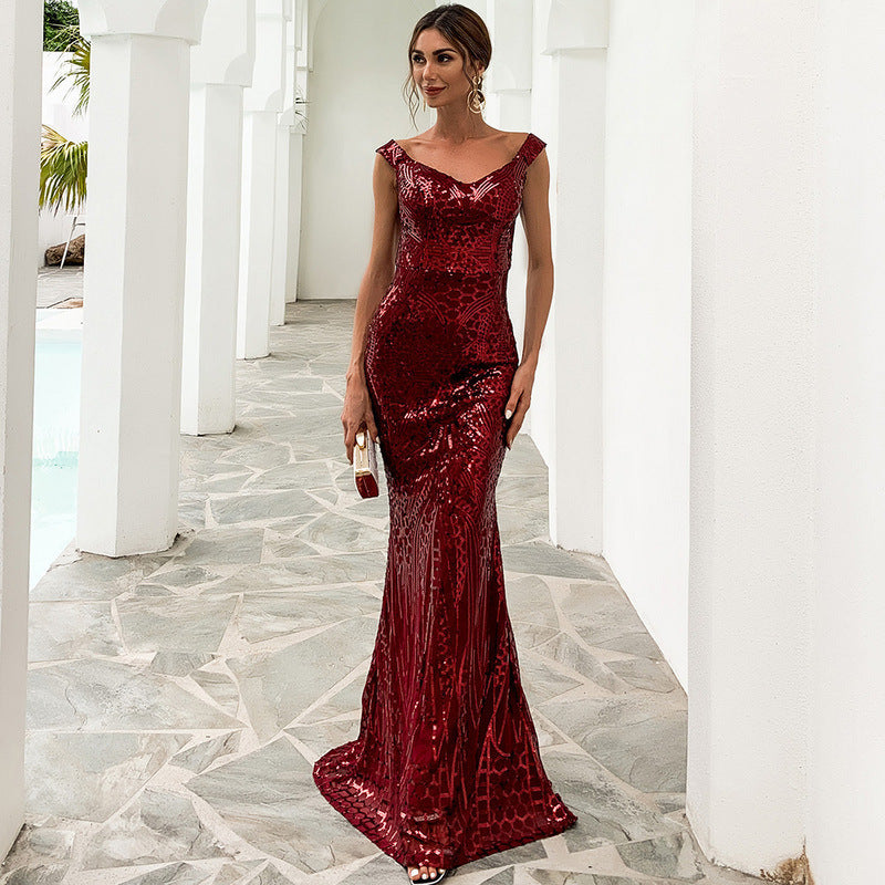 Off Shoulder Sequin Fishtail Evening Dress