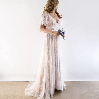 V-neck Short-sleeve Pleated Lace Wedding Dress