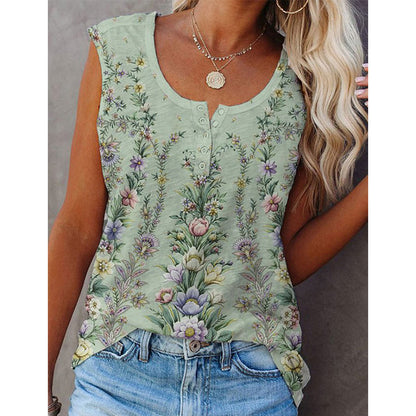 Floral Print Buttons Sleeveless Vest Tops