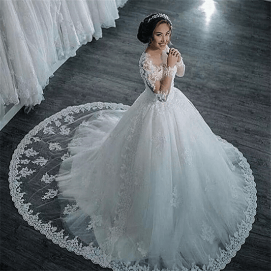 Applique Tulle Scoop Long Sleeves Court Train Ball Gown Wedding Dress