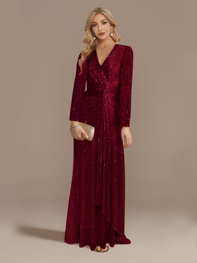 Long Sleeve V Neck Sequined Evening Dress