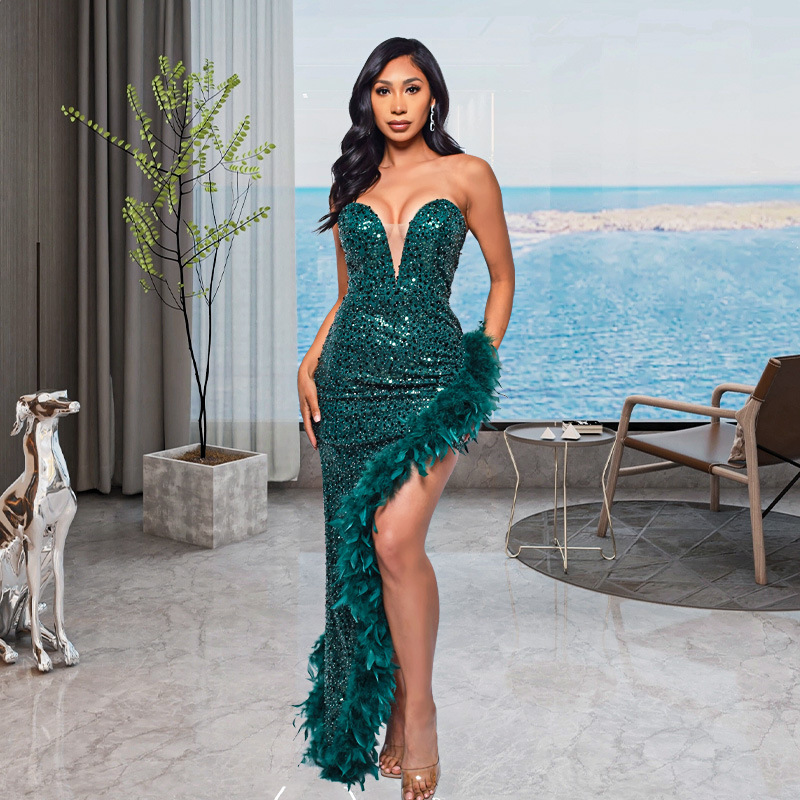 Sequin Deep V Neck Strapless Long Slit Prom Dress