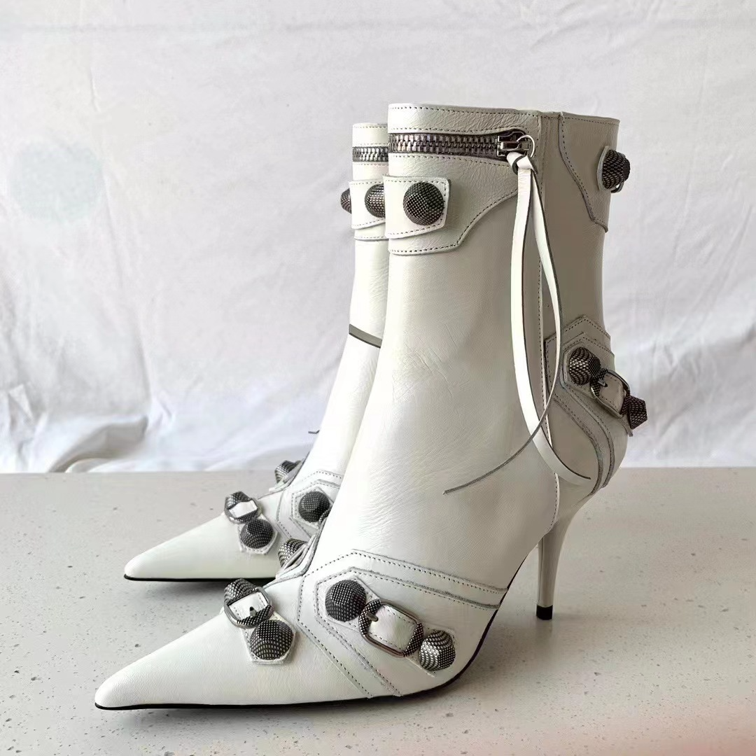 PU Bright Leather Pointed Toe Stiletto Metal Buckle Ankle Boots