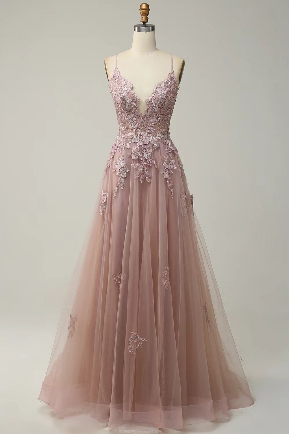 Deep V-neck Tulle Applique Sleeveless Brush Train Prom Dress