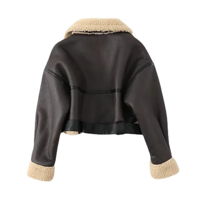 Faux Leather Fur Thick Short Jacket With Belt