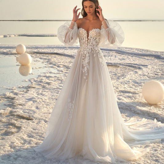 A-Line Off Shoulder Long Sleeve Wedding Dress