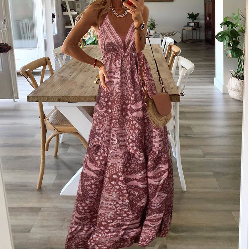 Floral Printed V Neck Sleeveless Casual Maxi Dress