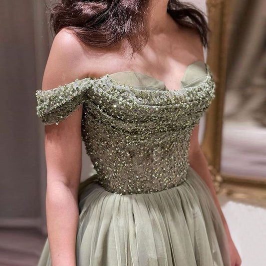 Off-the-Shoulder Tulle Ruched Sleeveless Court Train Prom Dress