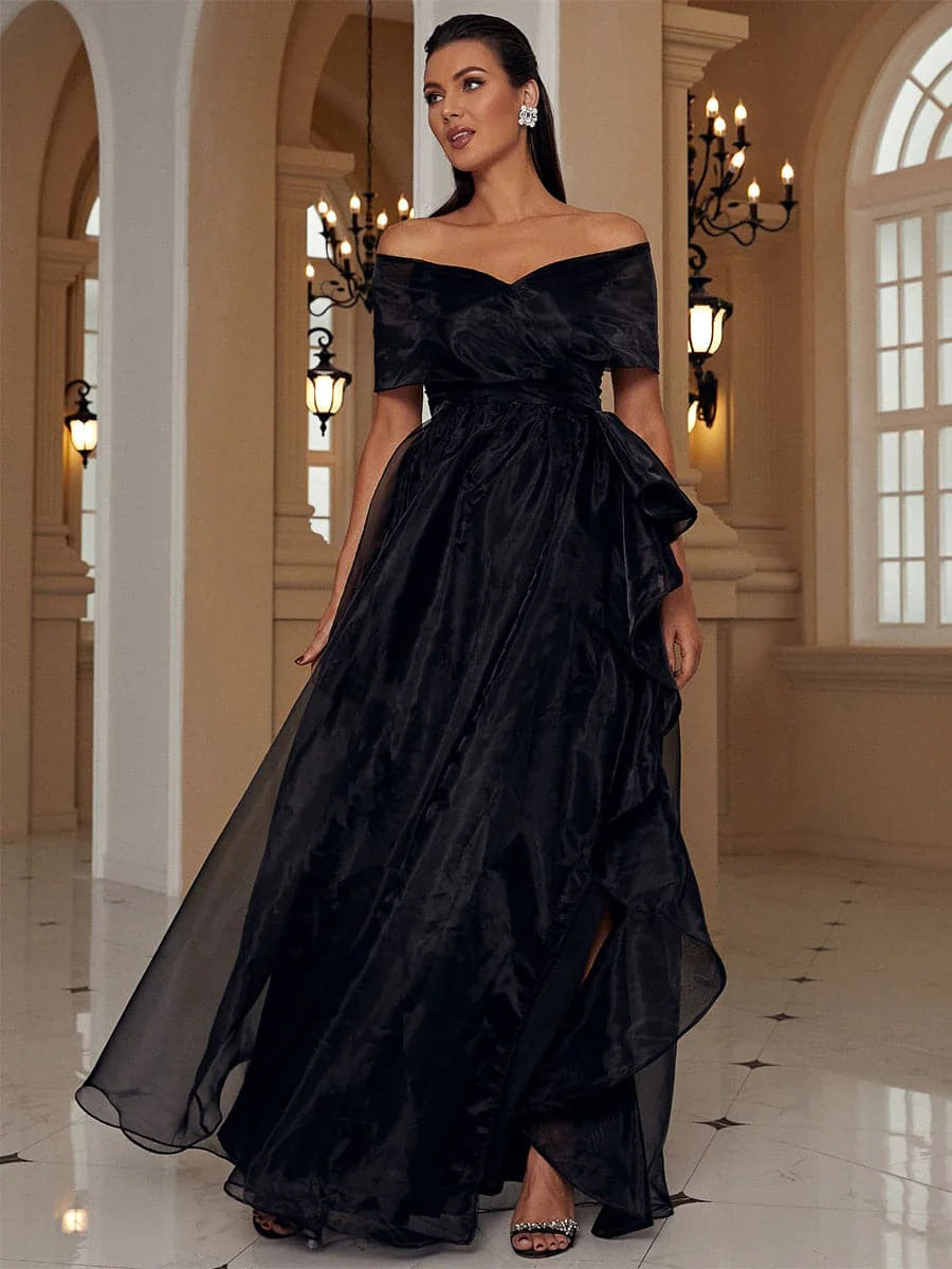 Black Off Shoulder Mesh Prom Dress