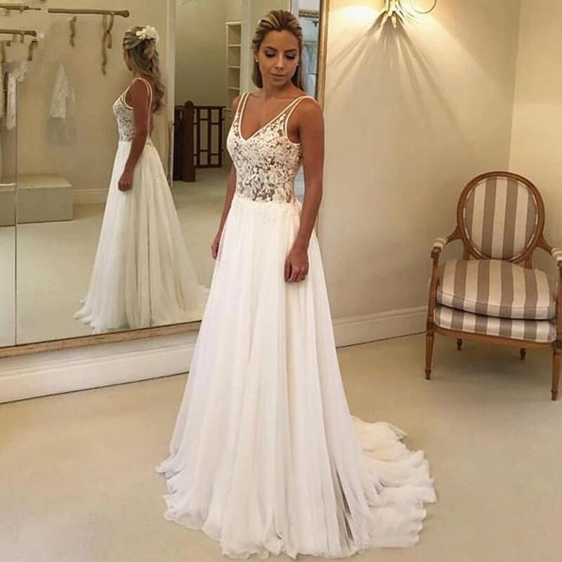 White Deep V-Neck Lace Embroidered Wedding Dress