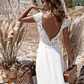 Lace V-Neck Short Sleeves Backless Brush Train Boho Bridal Dress