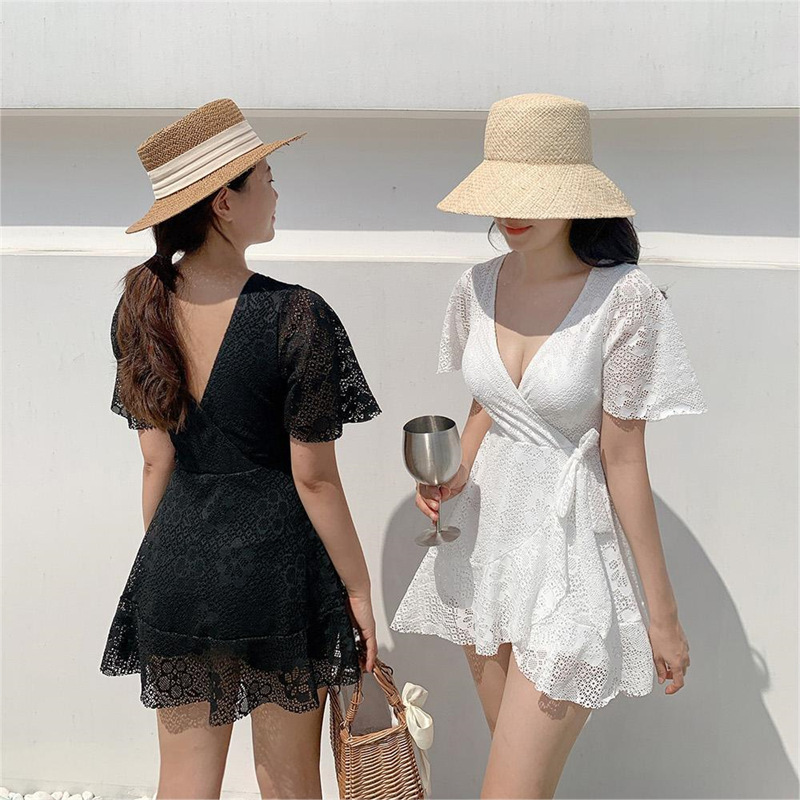 Lace V Neck Short Sleeves Mini Dress