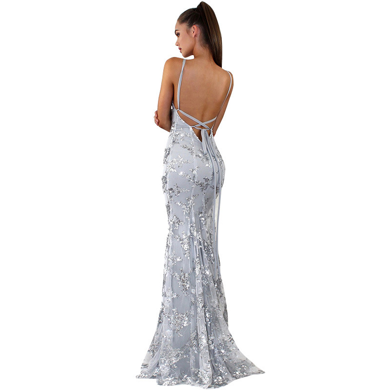 Deep V Neck Backless Sequin Long Prom Dress