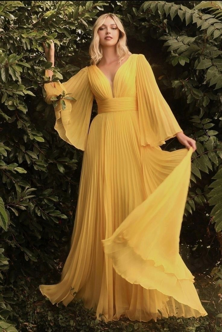 Pleated V-Neck Illusion Sleeves Prom Maxi Dress