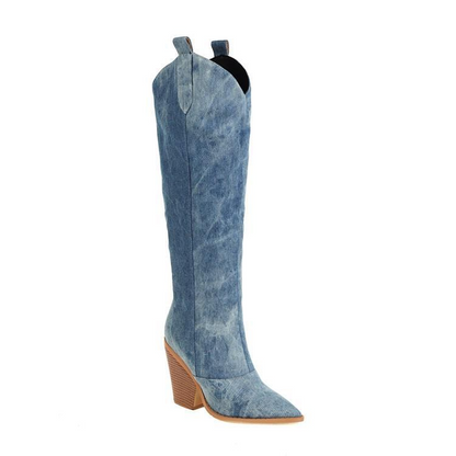 Women's Western Canvas Chunky Heel Knee-High Boots