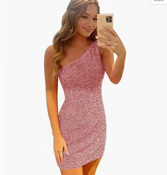 Sequin Oblique Shoulder Sleeveless Mini Dress