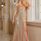 Off-the-Shoulder Sleeveless Sequins Ruched Brush Train Prom Dress
