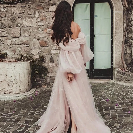 Princess Ruched Off-the-Shoulder Long Sleeves Tulle Brush Train Prom Dress