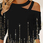 Women's Round Neck Sparkly Cut Out Print Long Sleeve Top