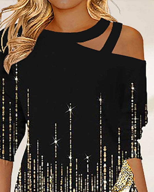 Women's Round Neck Sparkly Cut Out Print Long Sleeve Top