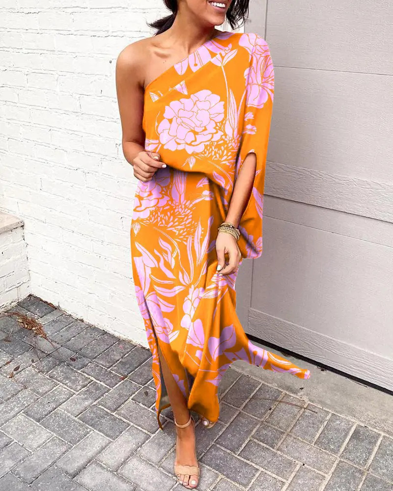 Floral Printed One Shoulder Split Hem Maxi Dress