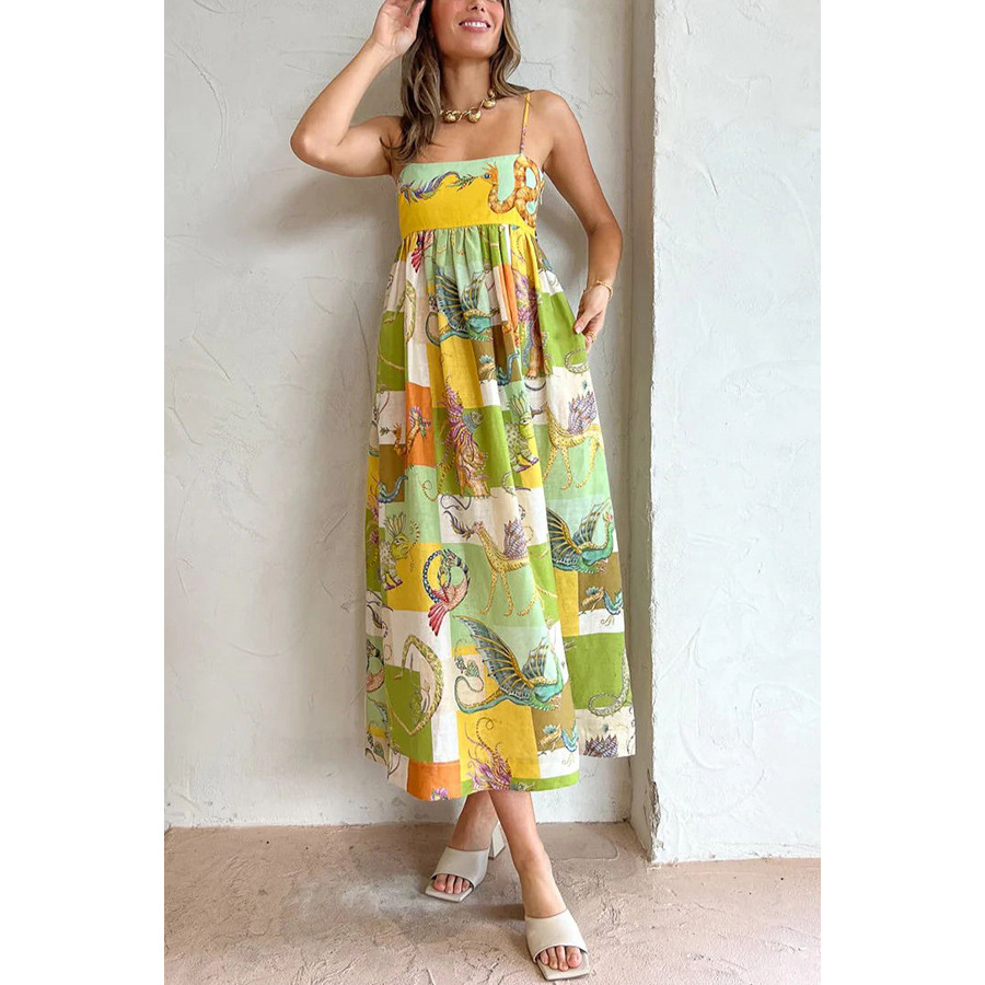 Dragon Printed Spaghetti Strap Sleeveless Maxi Dress