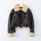 Faux Leather Fur Thick Short Jacket With Belt