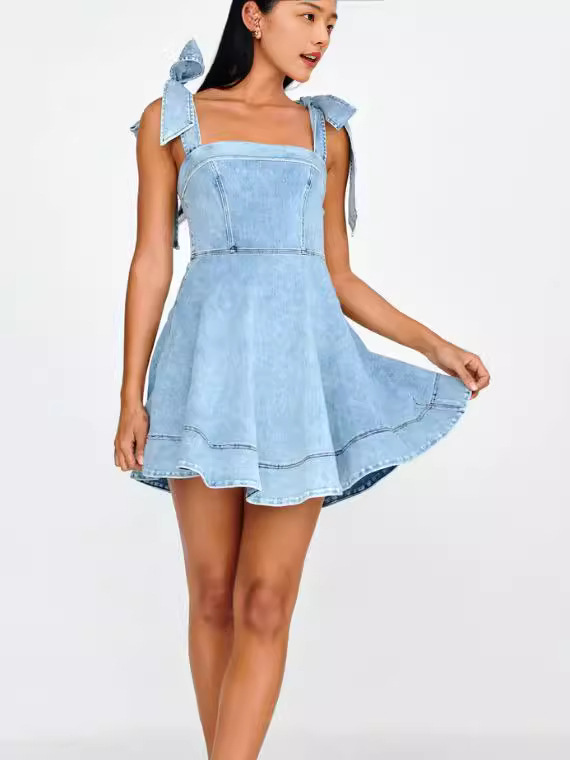 Bow Shoulder Mini  Denim Dress