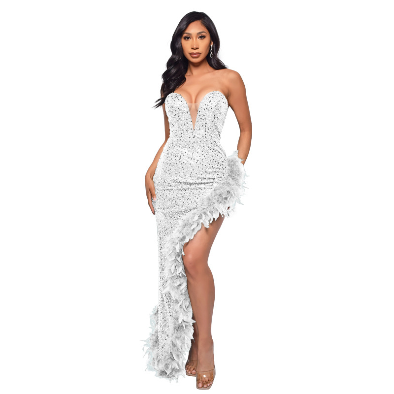 Sequin Deep V Neck Strapless Long Slit Prom Dress